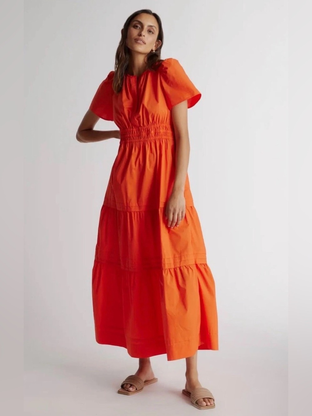 Quince 100% Organic Cotton Poplin Tiered Maxi Dress Orange “Vermillian Red” Sz S